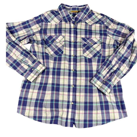 WRANGLER WESTERN PEARL SNAP SHIRT XL BLUE PLAID LONG SLEEVE WOMEN'S - Picture 1 of 10